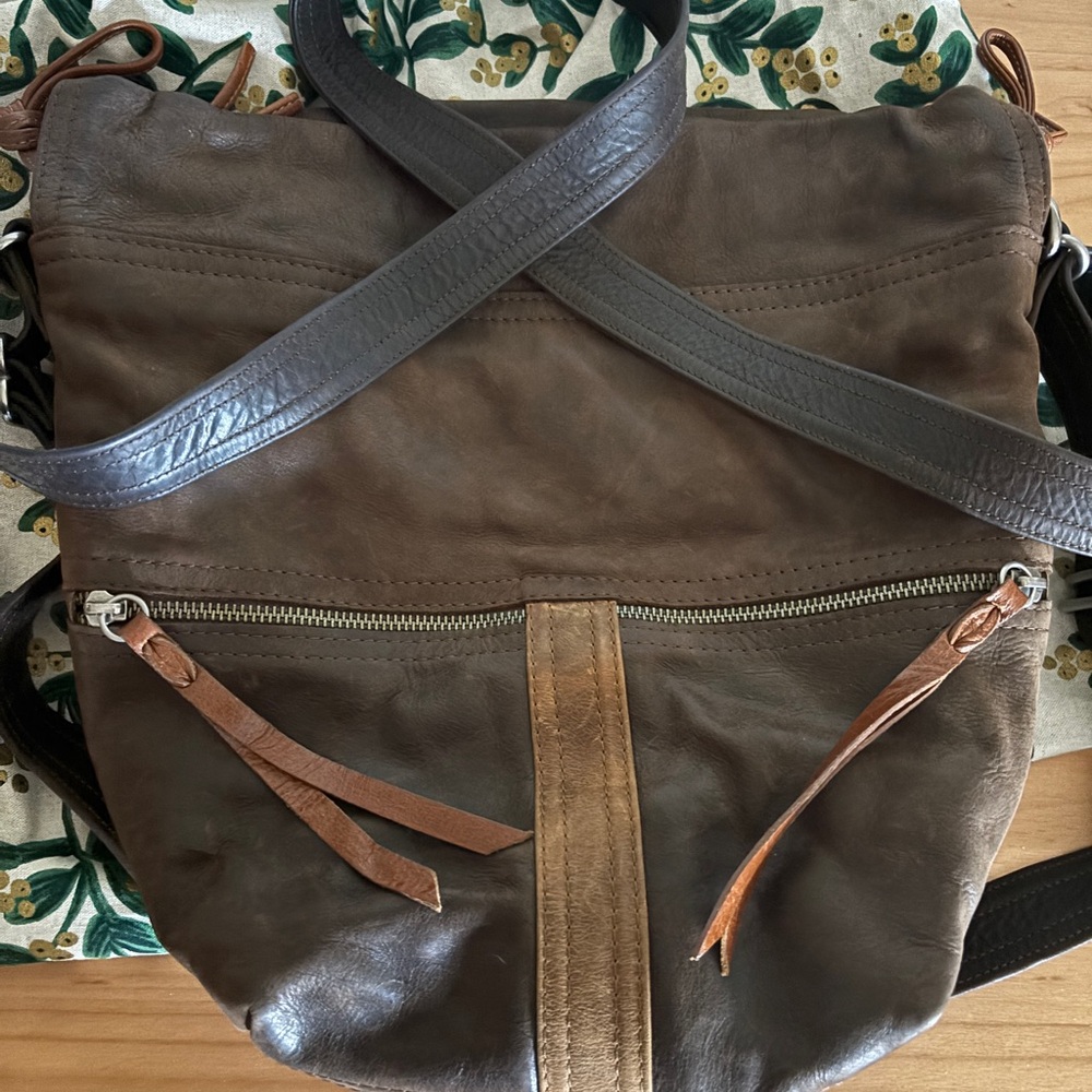 Dark Brown Leather Hobo Bag with Tan Accent